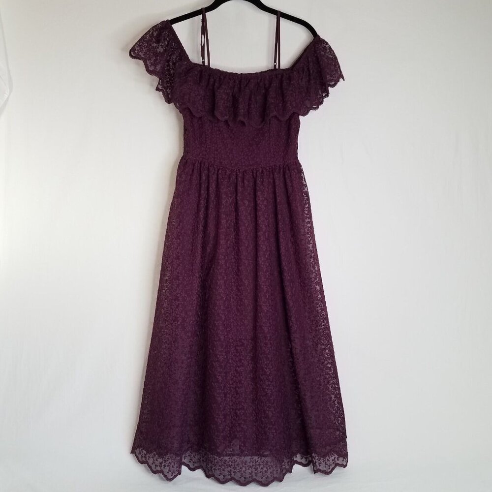 H&M Lace Off Shoulder Midi Dress Burgundy Plum SIZE 4 Spaghetti Strap Purple